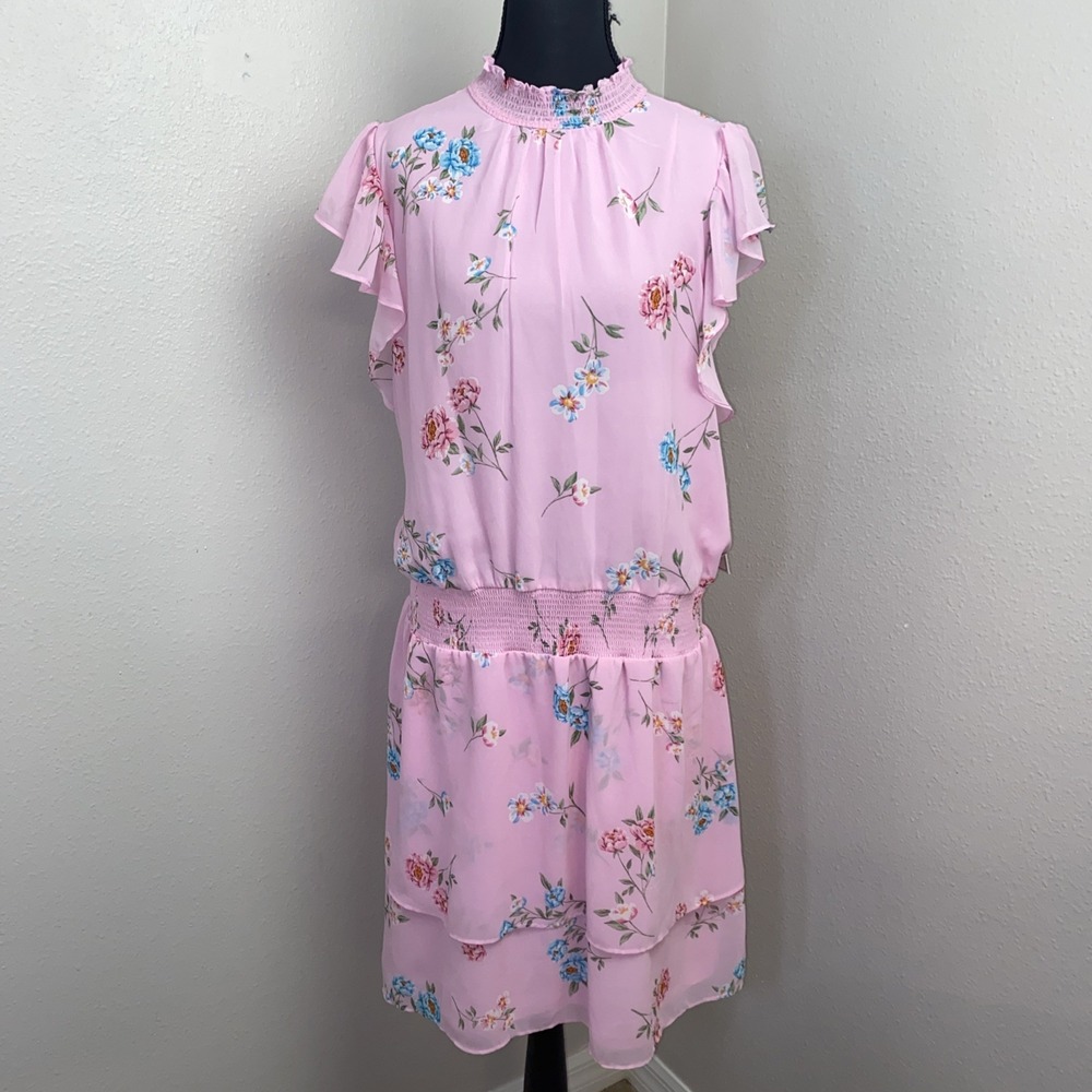 1.State Midi Dress‎ Women's 1XL Pink Floral Smocked Waist Ruffle Flutter Sleeve